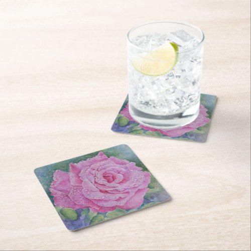Pink Rose with Raindrops Square Paper Coaster