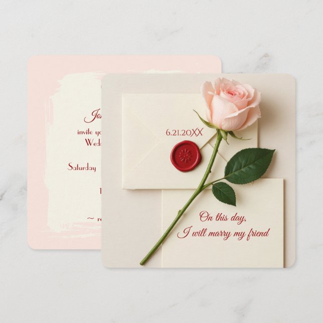 Pink Rose With Red Wax Seal For Wedding Invitation (Front/Back)
