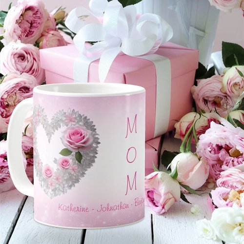 Pink Rose with Silver Leaf Heart Moms Coffee Mug