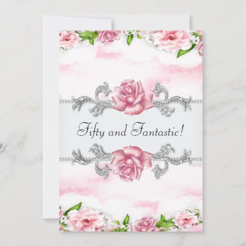 Pink Rose Womans 50th Birthday Party Invites