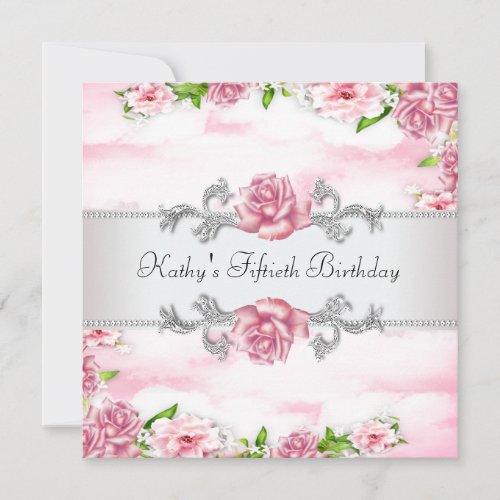 Pink Rose Womans 50th Birthday Party Personalized Invitation