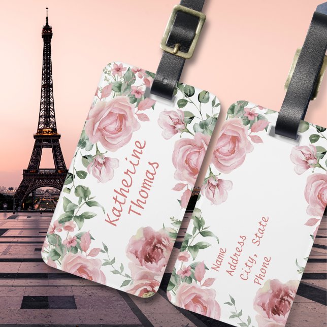 Pink Rose Womens Custom Name Luggage Tag (Creator Uploaded)