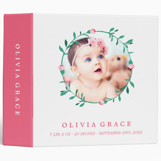 Pink Rose Wreath | Baby Photo & Name Binder (Front/Spine)