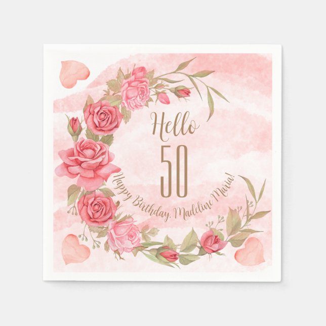 Pink Rose Wreath Personalized Birthday Party Event Napkins (Front)