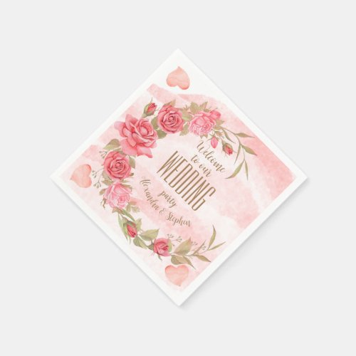 Pink Rose Wreath Personalized Wedding Bash Party Napkins