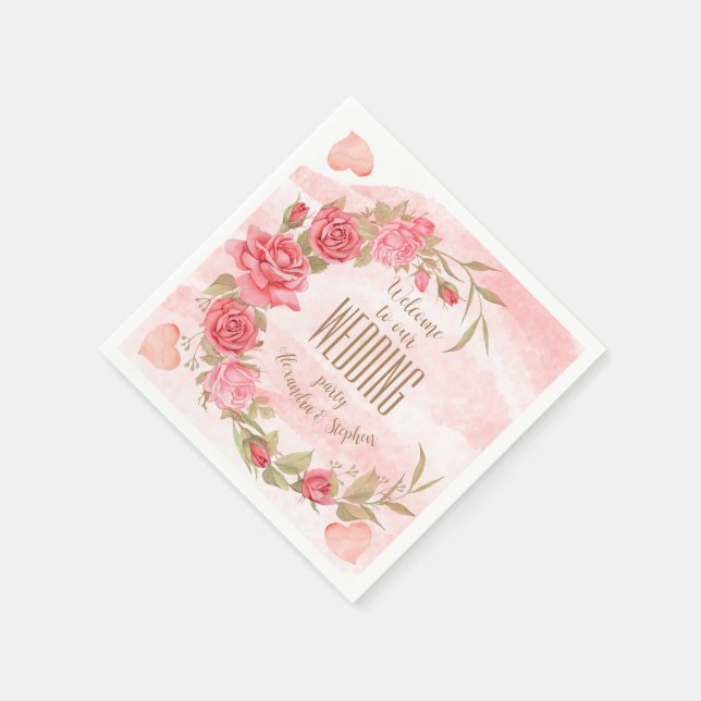 Pink Rose Wreath Personalized Wedding Bash Party Napkins (Corner)