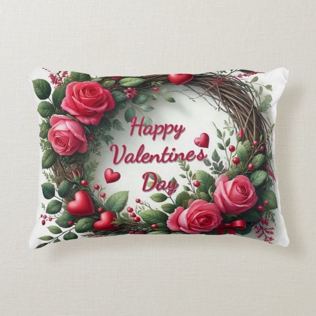 Pink Rose Wreath Valentines Day  Accent Pillow (Front)