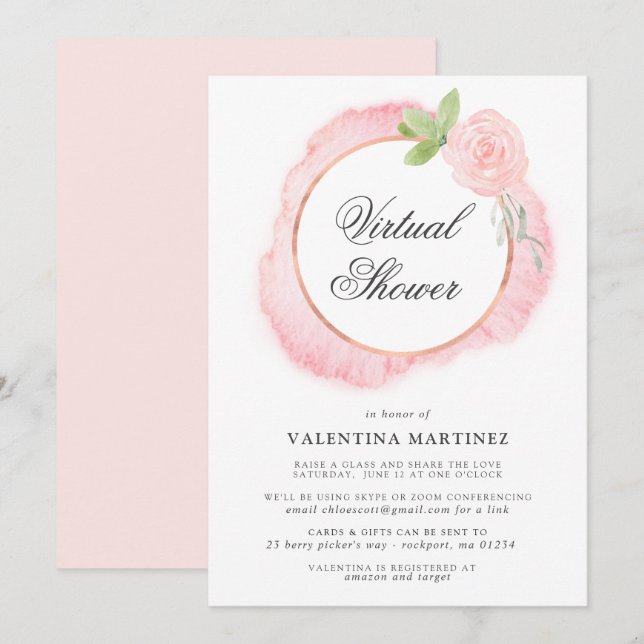 Pink Rose Wreath Virtual Bridal Baby Shower Invitation (Front/Back)