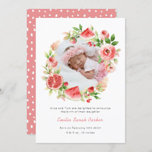 Pink Rose Wreath Watermelon Elegant Floral Birth Announcement