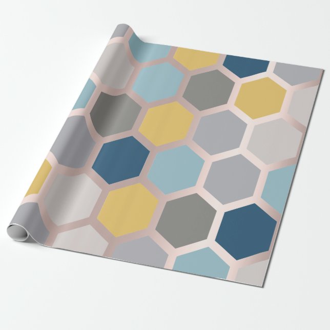 Pink Rose Yellow Blue Geometry Honeycomb Hexagon Wrapping Paper (Unrolled)