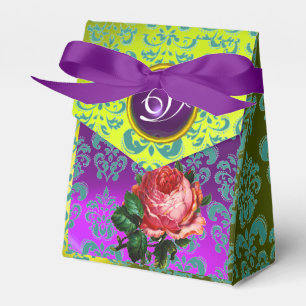 PINK ROSE ,YELLOW TEAL DAMASK, PURPLE GEM MONOGRAM FAVOR BOXES
