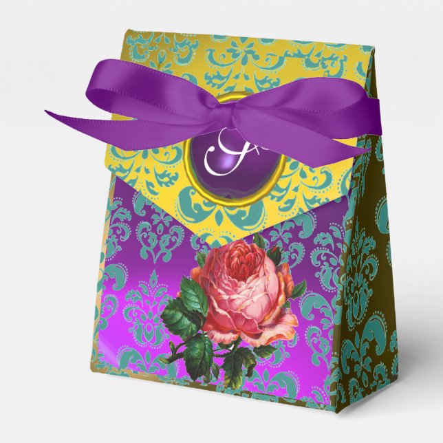 PINK ROSE ,YELLOW TEAL DAMASK, PURPLE GEM MONOGRAM FAVOR BOXES (Front Side)