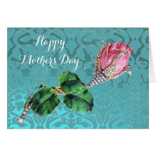 PINK ROSEBUD AND DIAMONDS BLUE DAMASK Mother's Day Cards