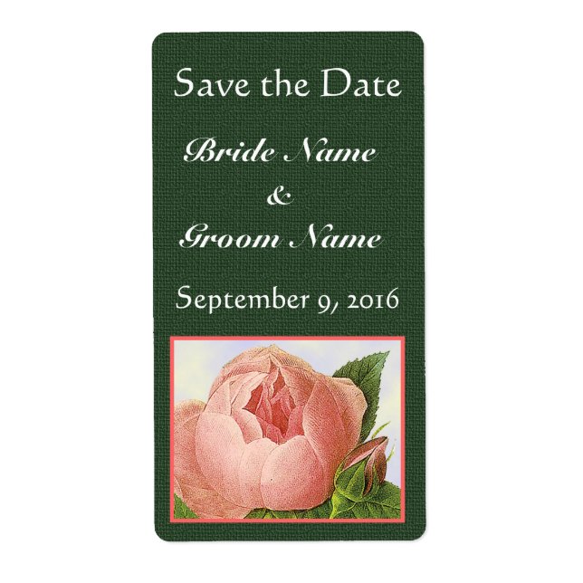 Pink Rosebud Custom Save the Date on Green Labels (Front)