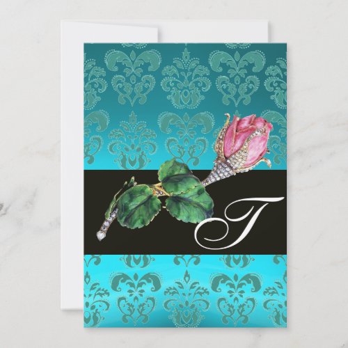 PINK ROSEBUD DIAMOND JEWEL  BLUE DAMASK MONOGRAM INVITATION