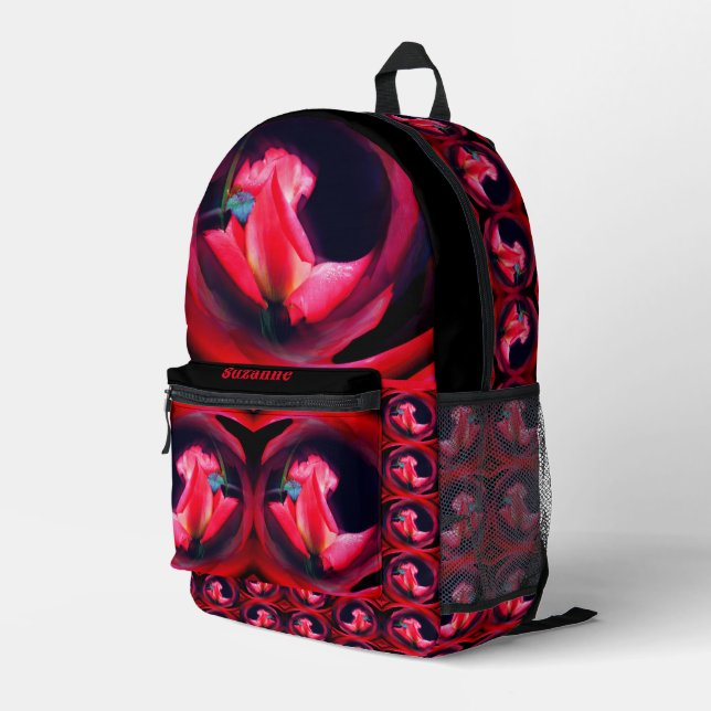 Pink Rosebud Floral Abstract Personalized Printed Backpack (Back Corner Right)