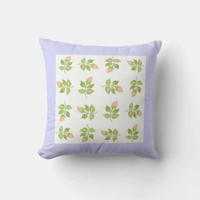 Pink Rosebud Floral Pattern on White, Blue Border Throw Pillow (Front)