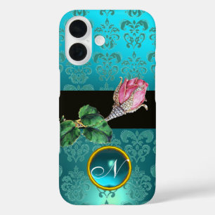 PINK ROSEBUD JEWEL, BLUE TEAL DAMASK GEM MONOGRAM iPhone 16 CASE