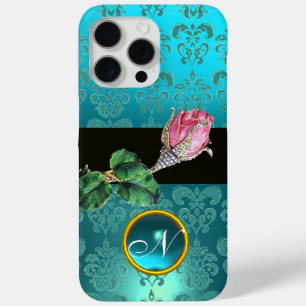PINK ROSEBUD JEWEL, BLUE TEAL DAMASK GEM MONOGRAM iPhone 15 PRO MAX CASE
