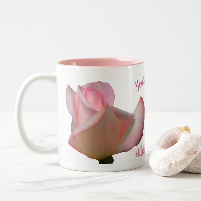 Pink Rosebud Personalized  Two-Tone Coffee Mug (With Donut)