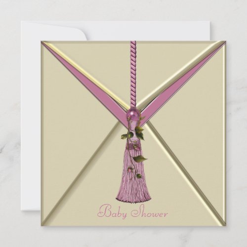 Pink Rosebud Tassel Baby Girl Shower Invitations