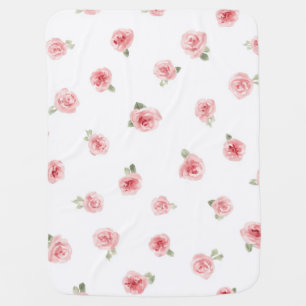 Pink Rosebud Watercolor Floral Vintage Rose White Baby Blanket