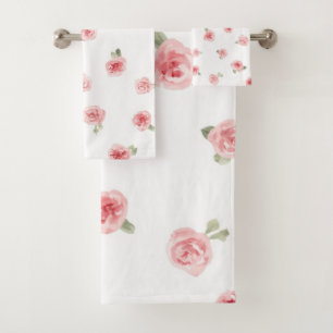 Pink Rosebud Watercolor Floral Vintage Rose White Bath Towel Set