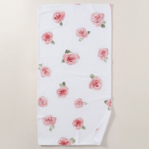 Pink Rosebud Watercolor Floral Vintage Rose White Beach Towel