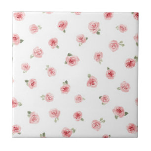 Pink Rosebud Watercolor Floral Vintage Rose White Ceramic Tile