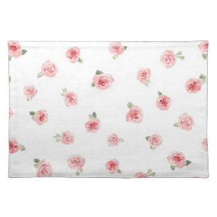 Pink Rosebud Watercolor Floral Vintage Rose White Cloth Placemat
