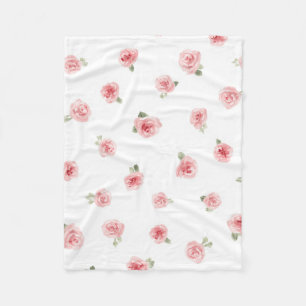 Pink Rosebud Watercolor Floral Vintage Rose White Fleece Blanket