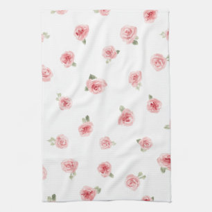 Pink Rosebud Watercolor Floral Vintage Rose White Kitchen Towel