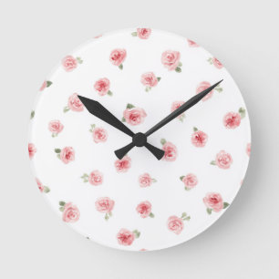 Pink Rosebud Watercolor Floral Vintage Rose White Round Clock