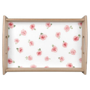 Pink Rosebud Watercolor Floral Vintage Rose White Serving Tray