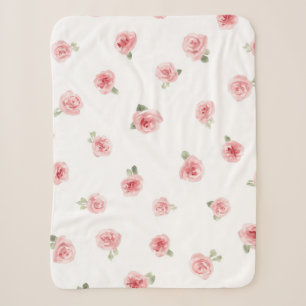 Pink Rosebud Watercolor Floral Vintage Rose White Sherpa Blanket