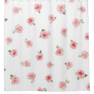 Pink Rosebud Watercolor Floral Vintage Rose White Shower Curtain