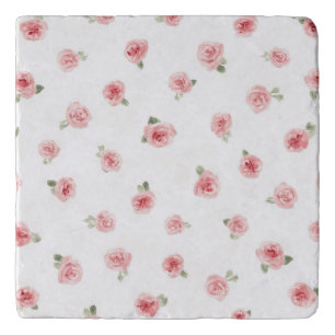 Pink Rosebud Watercolor Floral Vintage Rose White Trivet
