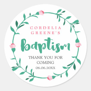 Pink Rosebud Wreath   Thank You Baptism Classic Round Sticker