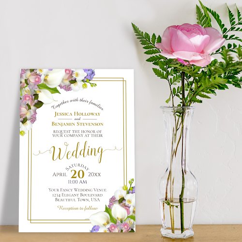 Pink Rosebuds  Calla Lilies Gold and Pink Wedding Invitation