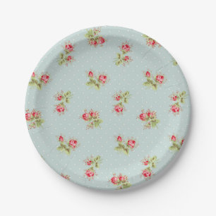 Pink rosebuds on aqua vintage wallpaper plates