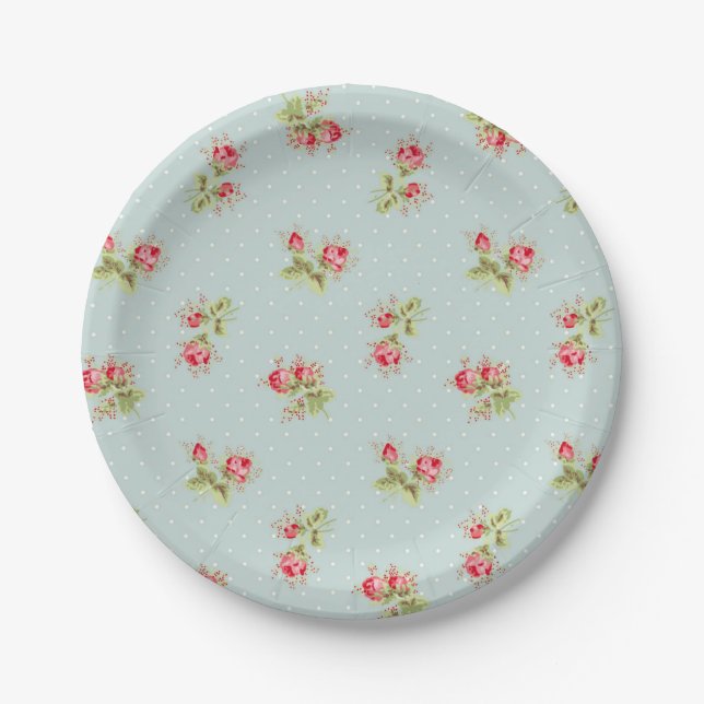 Pink rosebuds on aqua vintage wallpaper plates (Front)