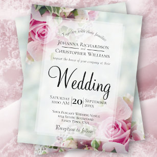 Pink Rosebuds on Teal BUDGET Wedding Invitation