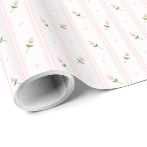 Pink Rosebuds with Stripes Wrapping Paper