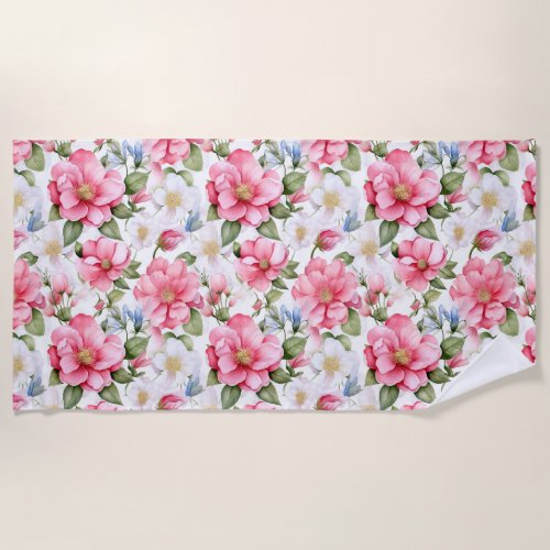 Pink Rosehip Harmony Delicate Rose Pattern Beach Towel