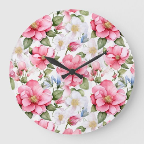 Pink Rosehip Harmony Delicate Rose Pattern Large Clock