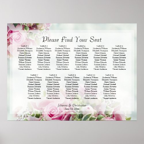 Pink Roses 11 Table Wedding Seating Chart