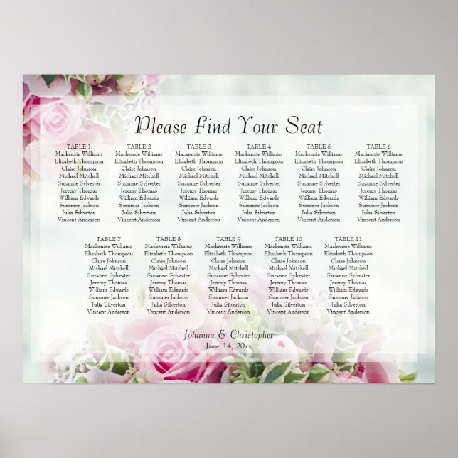 Pink Roses 11 Table Wedding Seating Chart (Front)