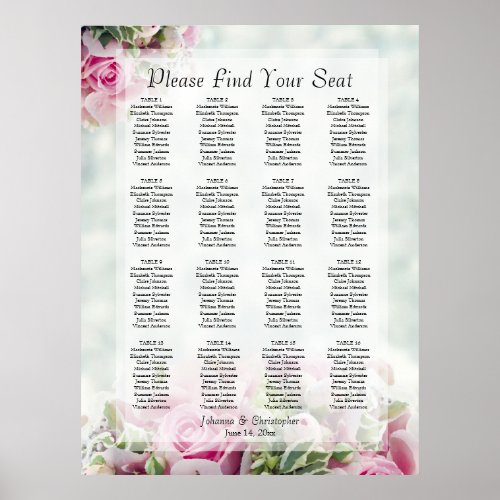 Pink Roses 16 Table Wedding Seating Chart