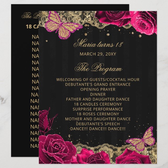 Pink Roses 18 Candles and Roses Ceremony Program (Front/Back)