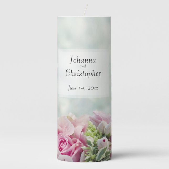 Pink Roses 3" x 8" Wedding Pillar Candle (Front)